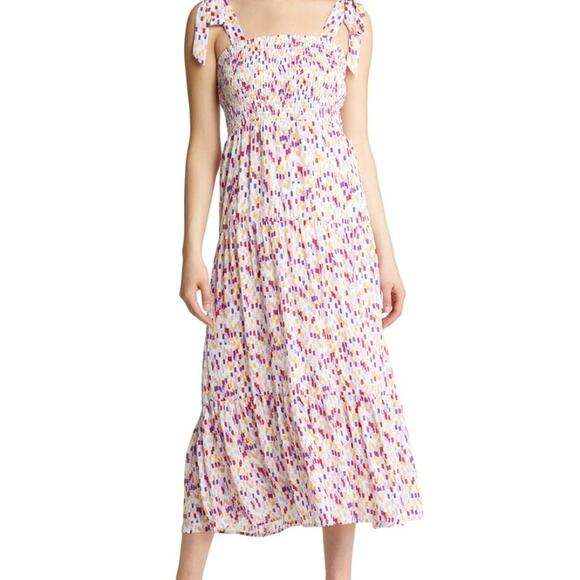 Sam Edelman Confetti Smocked Bodice Maxi Sundress Ties Women's Size 12 - Picture 1 of 9